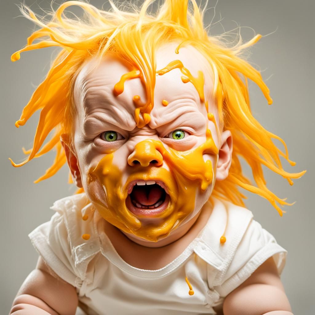 Giant Orange-Faced Baby Crying with Full Diaper