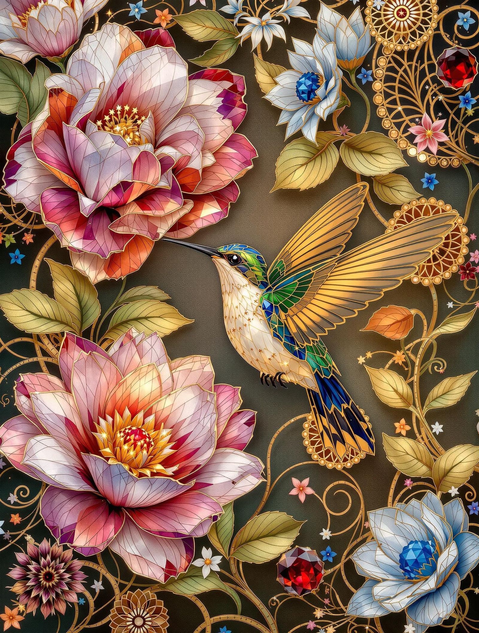 Vibrant Hummingbird Amidst Crystal Flowers in Digital Enamel...