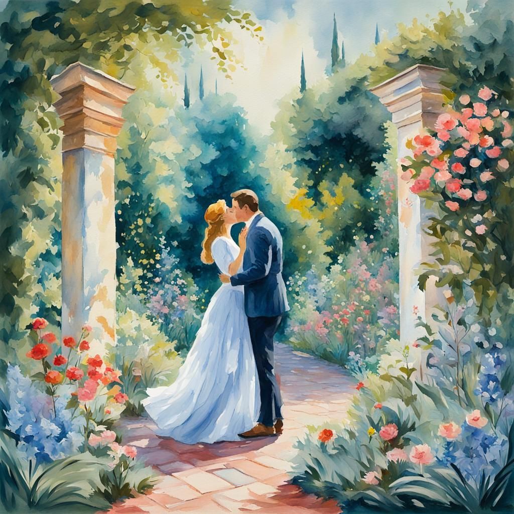 First Kiss in Secret Garden: Gouache Impressionism