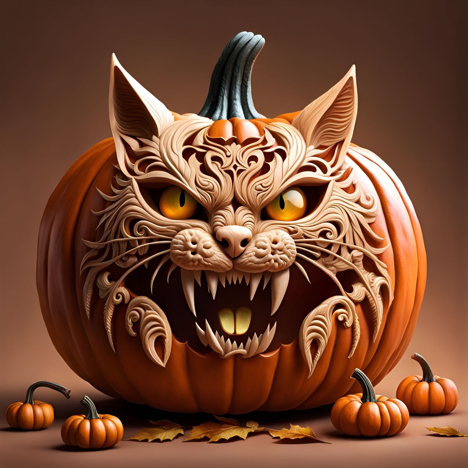 Fierce Cat Face Carved on Pumpkin