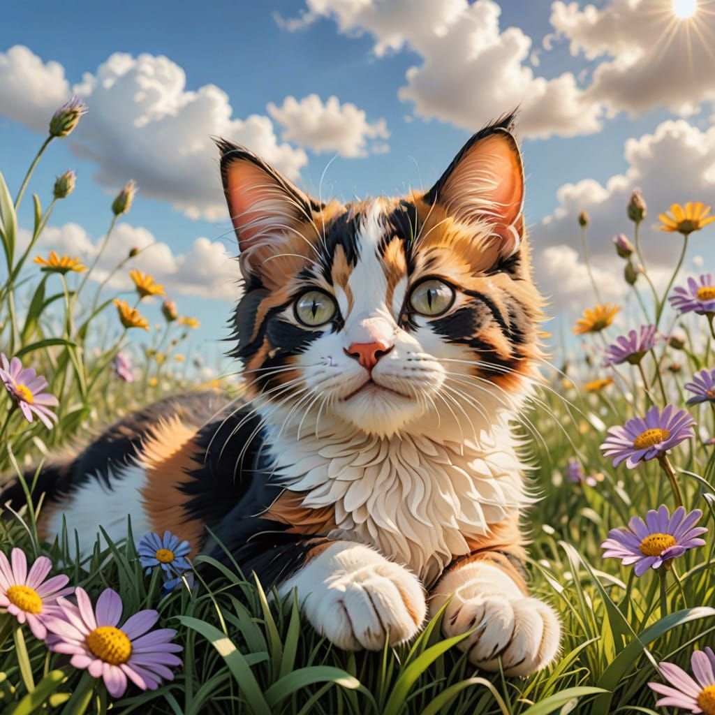 Whimsical Calico Kitten in a Sunny Meadow