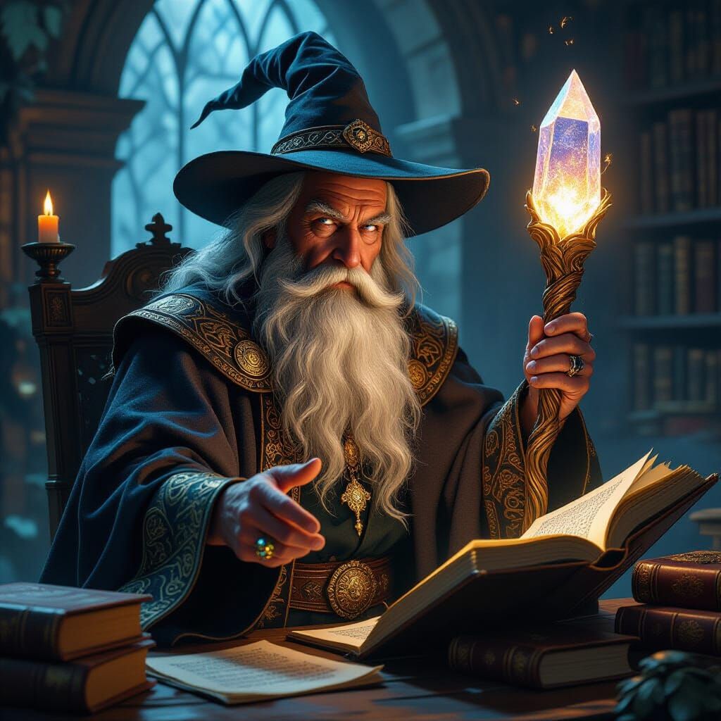 Old Wizard with Crystal Staff in Fantasy Art Style