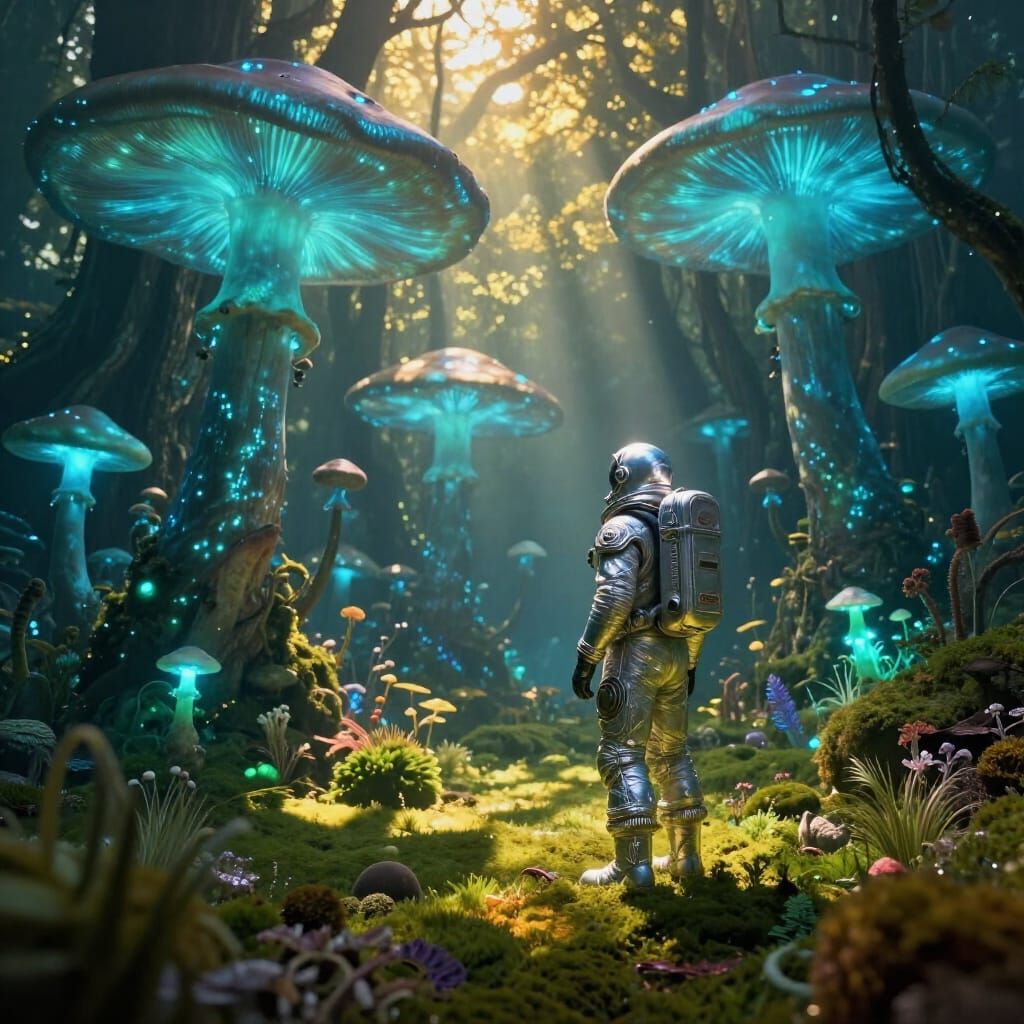 Spaceman on Alien Meadow Under Bioluminescent Forest