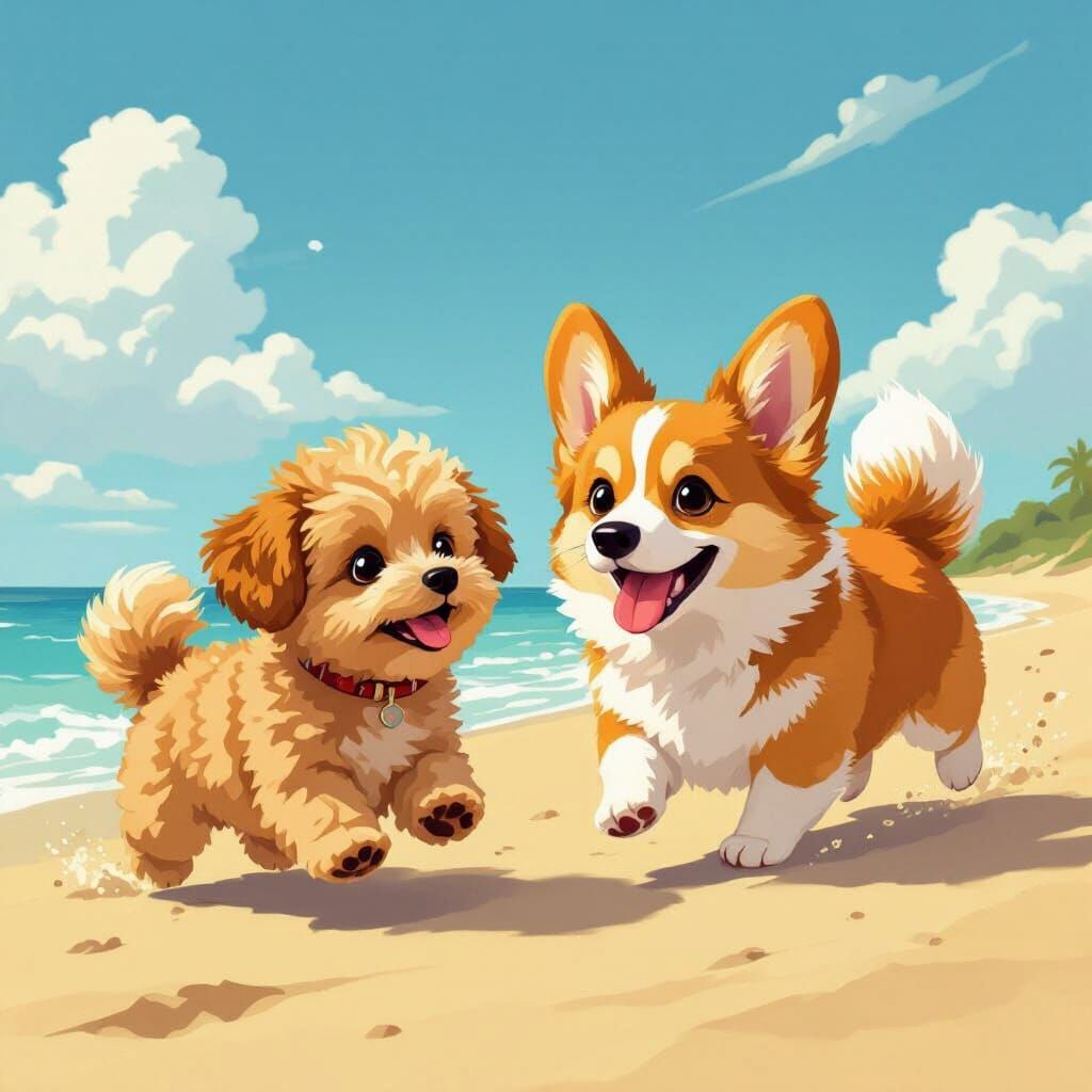 Cartoon Corgi and Maltipoo Chase on Beach, Digital Illustrat...