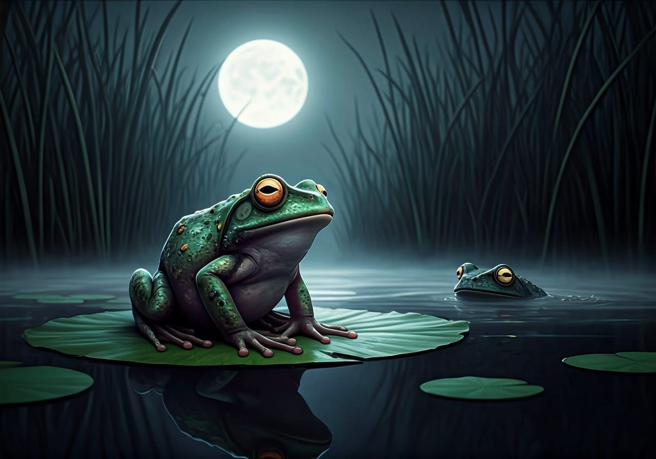 Frogs in Murky Pond, Dark Fantasy Art