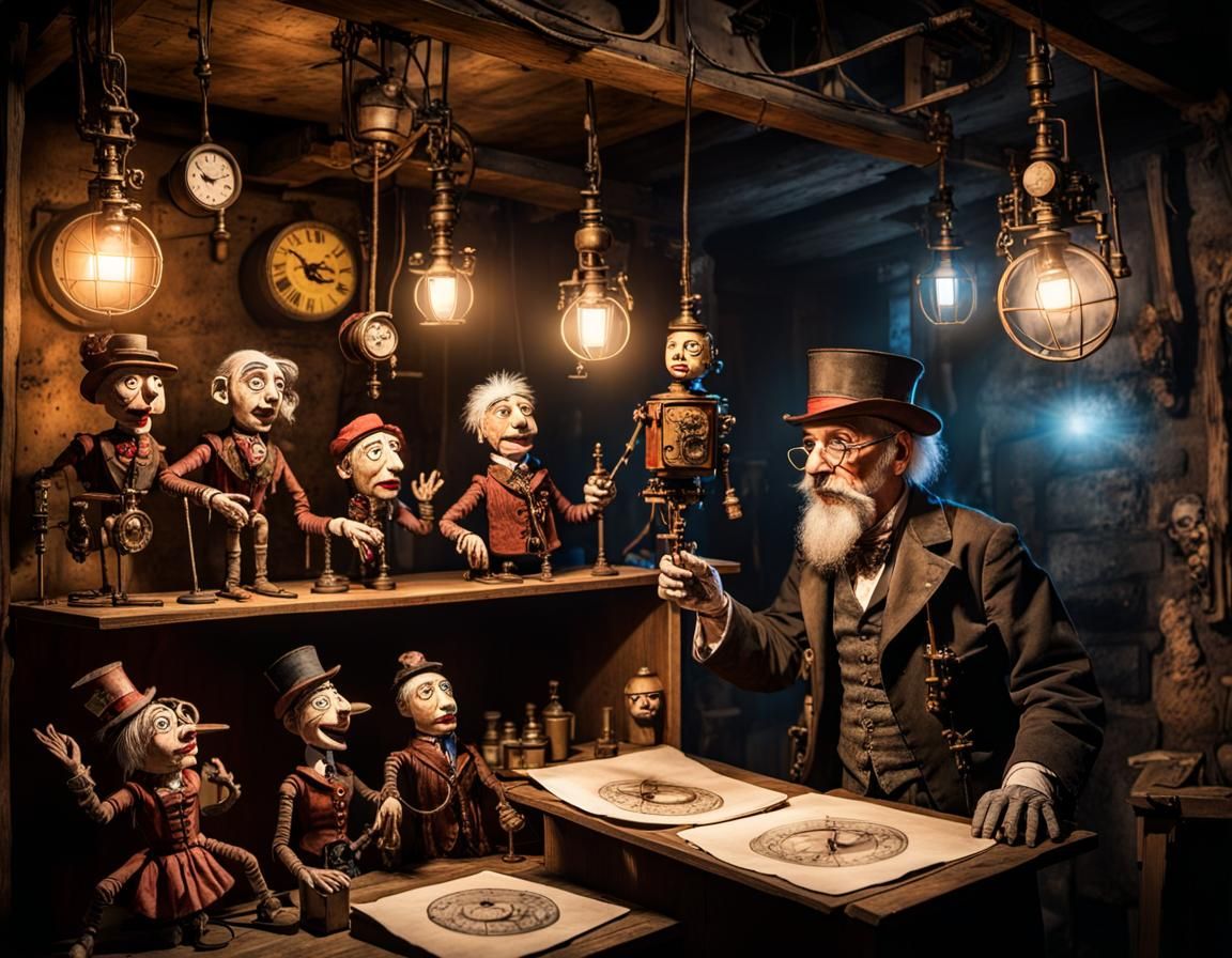 Steampunk Puppeteer Observes Comedia Dell'Arte Puppets