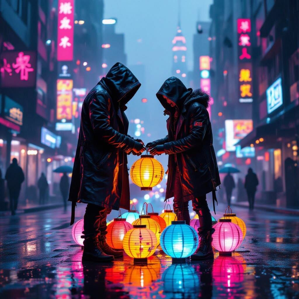 Cyberpunk Vendor with Neon Lanterns in Futuristic City