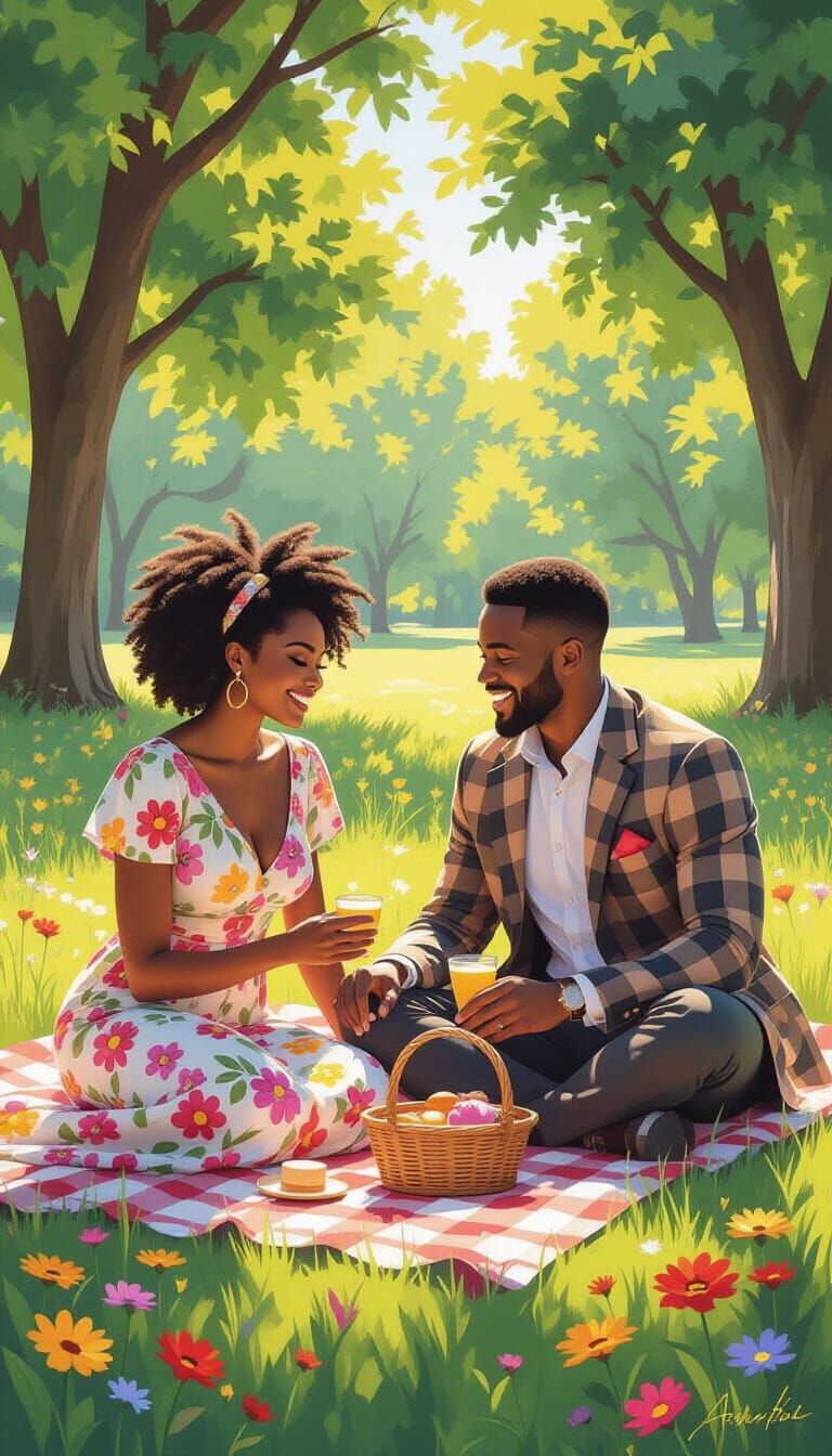 Black Family Picnic in Park, Impressionistic Style