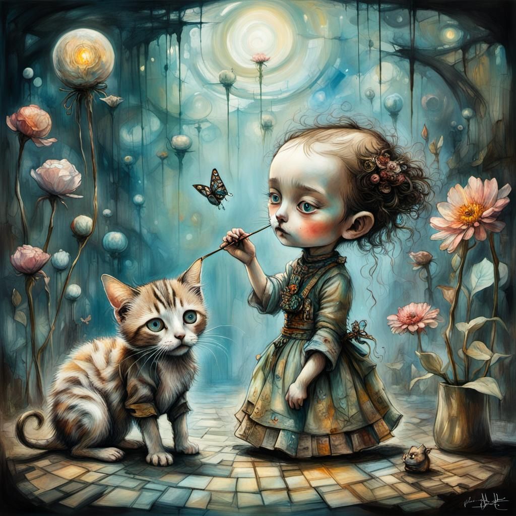 Chibi Baby Girl and Kitten, Stylized Art