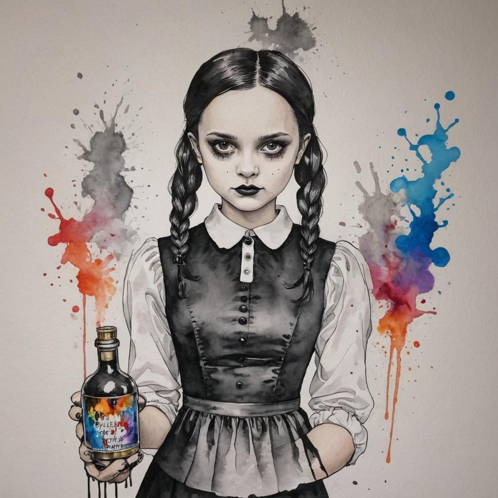 Biopunk Wednesday Addams in Alcohol Ink Style