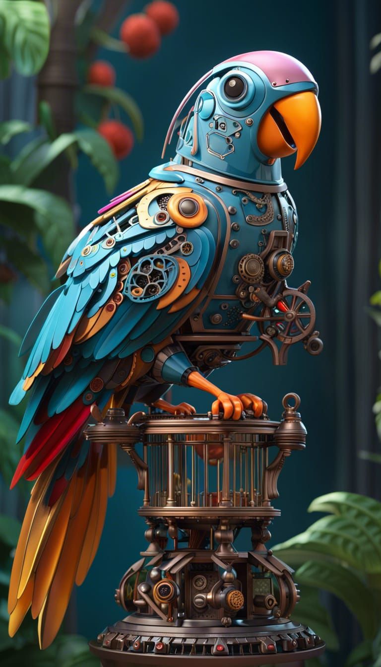 Playful Robot Parrot in Birdcage, 3D Digital Art