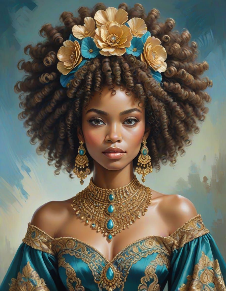 Elegant Afrocentric Woman in Afghan Dress: Oil Painting