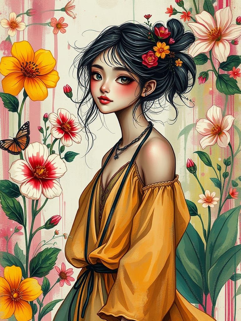 Whimsical Bohemian Girl in Vibrant Graffiti Blooms
