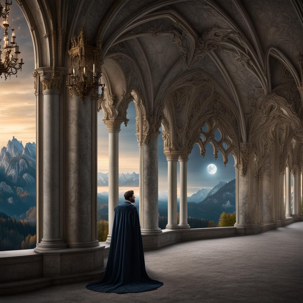Ludwig II Contemplates Moon at Neuschwanstein
