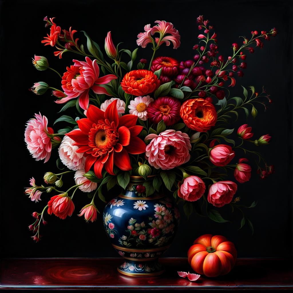 Floral Bouquet in Crimson Vase: Hyperrealistic Still Life