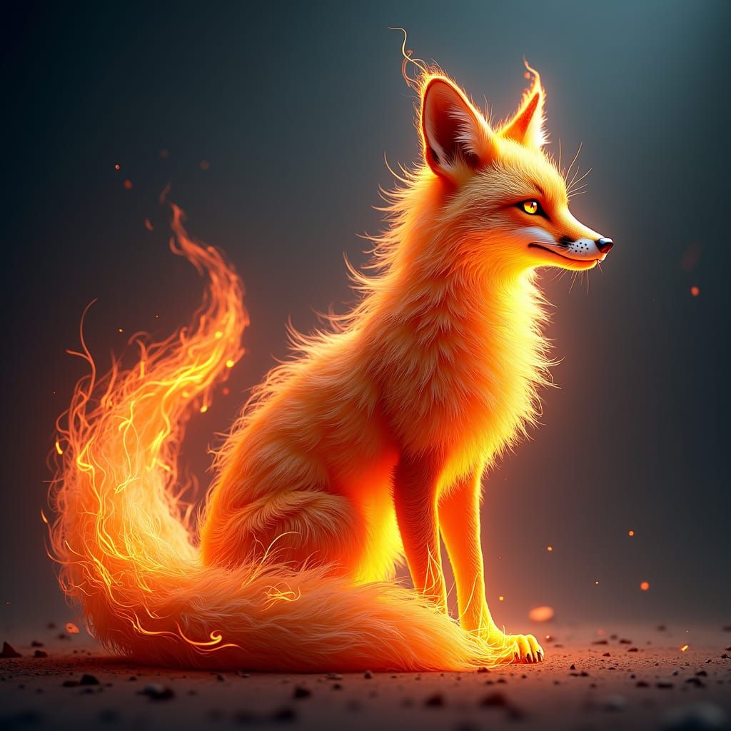 A surreal image of a fox made entirely from fire flames, set...