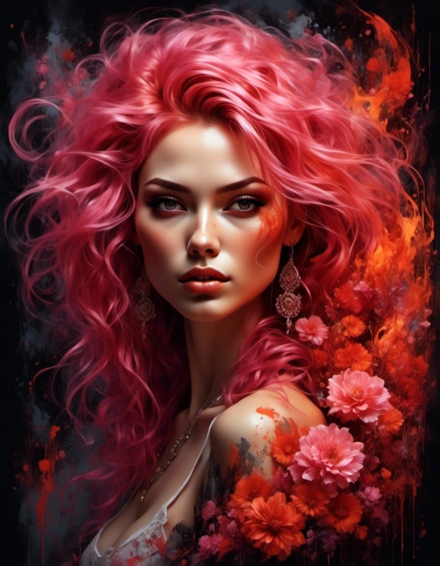 Fiery Woman Portrait with Magic Elements in Oil Painting