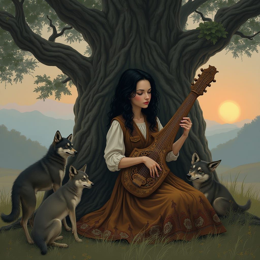Woman with Lyre and Wolf Pups in Hyperrealistic Style