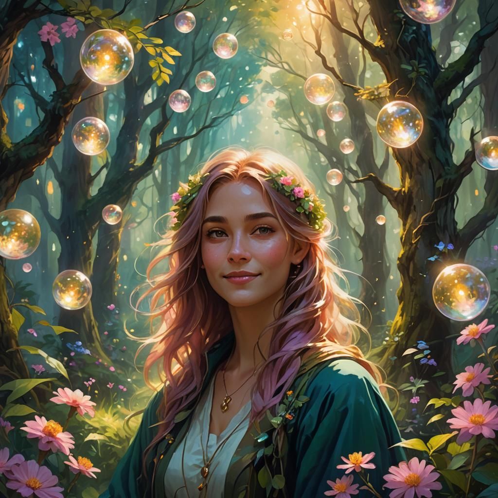 Ethereal Beauty in Lush Forest: Art Nouveau Portrait