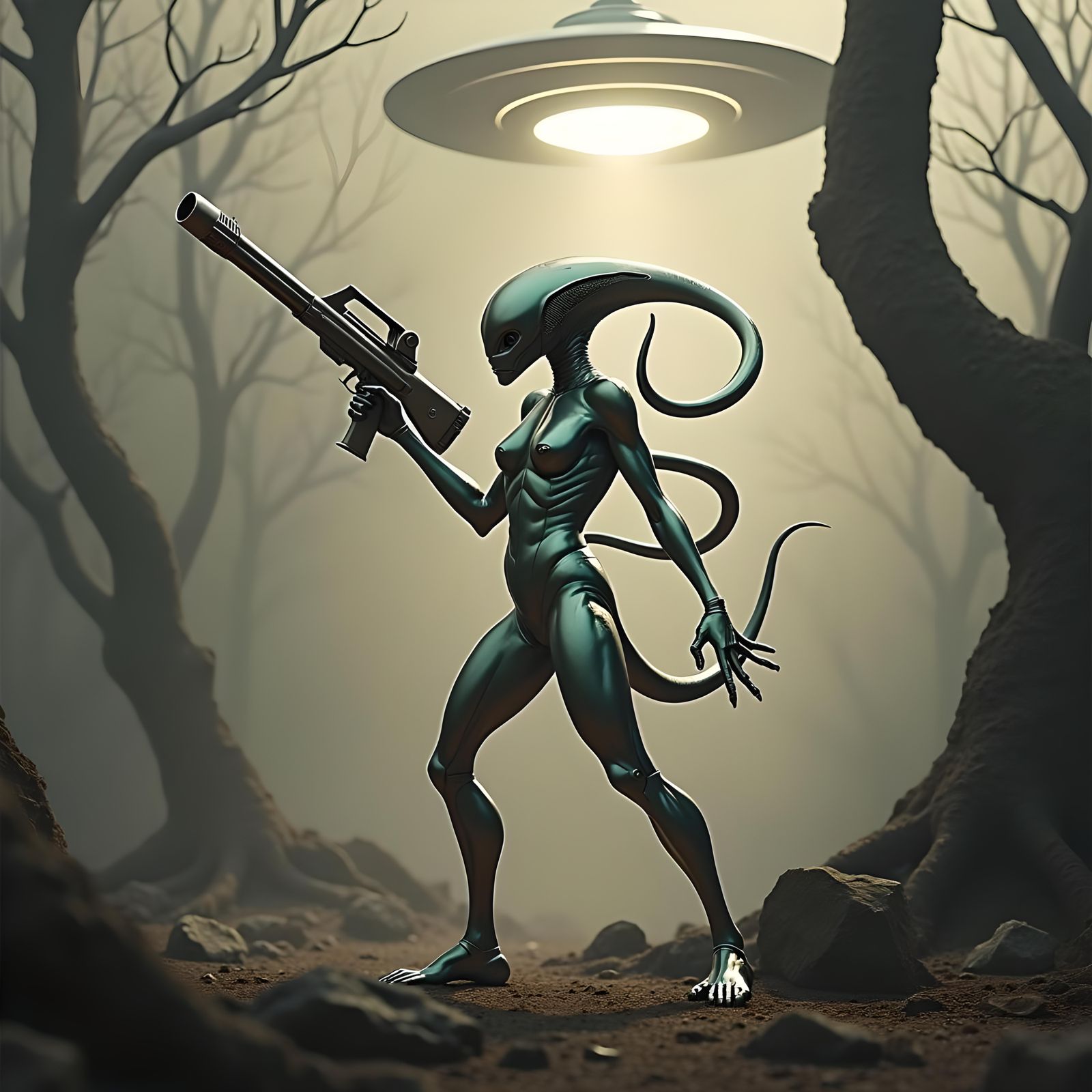 Retro-Futuristic Alien with Ray Gun in Sepia Tone