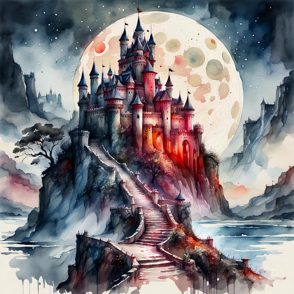 Majestic Castle Under Blood Moon Watercolor Painting