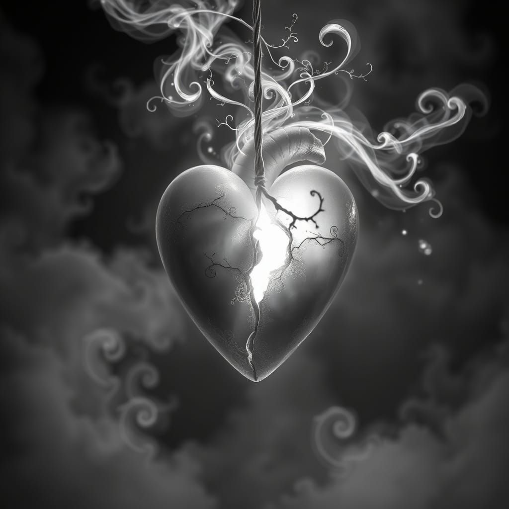 Mist-Shrouded Broken Heart in Black and White