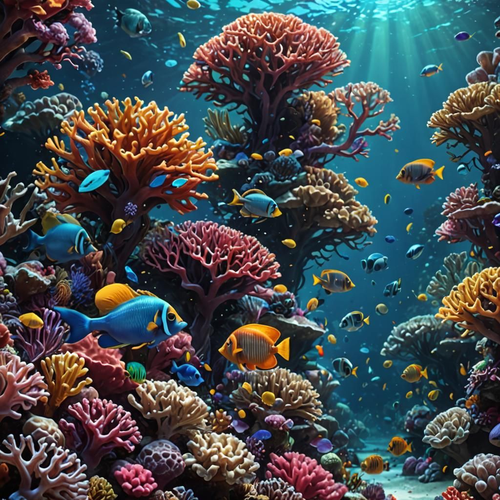 Vibrant Coral Reef with Fish in Dynamic Lighting