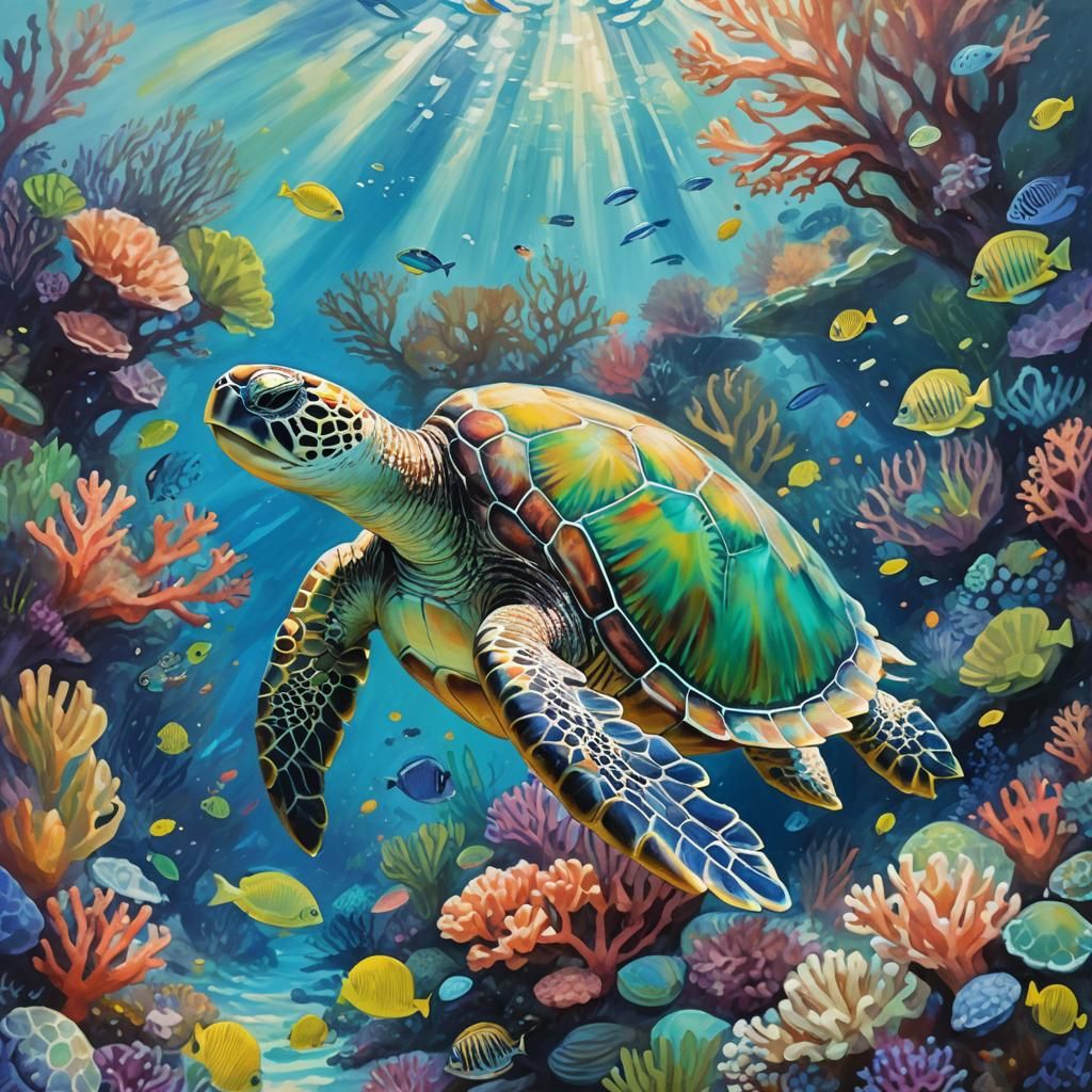 Sea Turtle Glides Through Impressionist Coral Reef