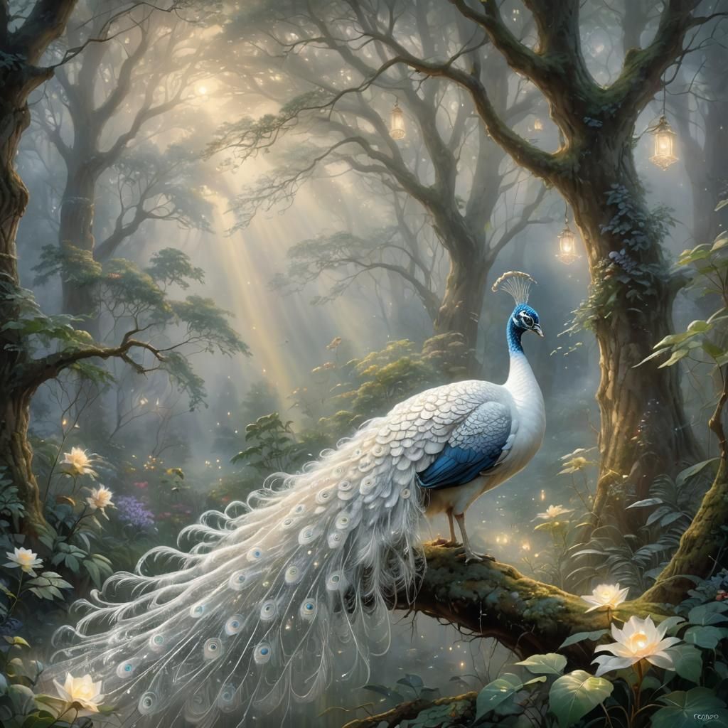 Majestic White Peacock in Misty Fairy Light Forest