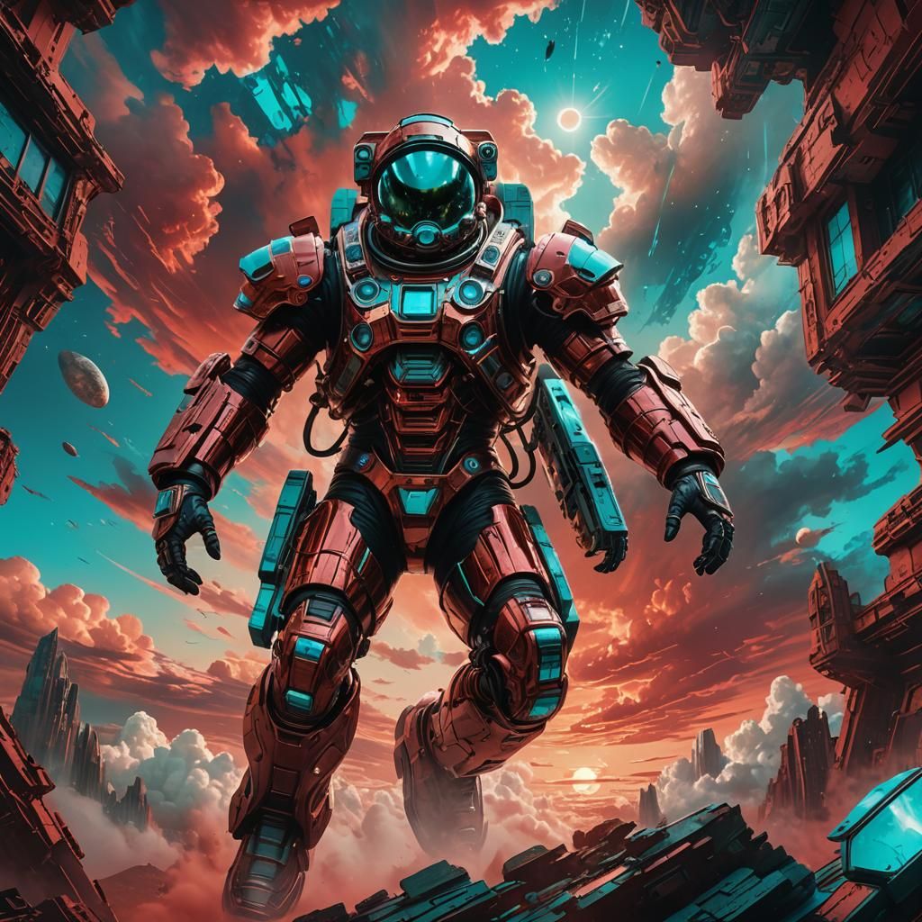 Biomechanical Astronaut Floating on Red Sky, Digital Matte P...