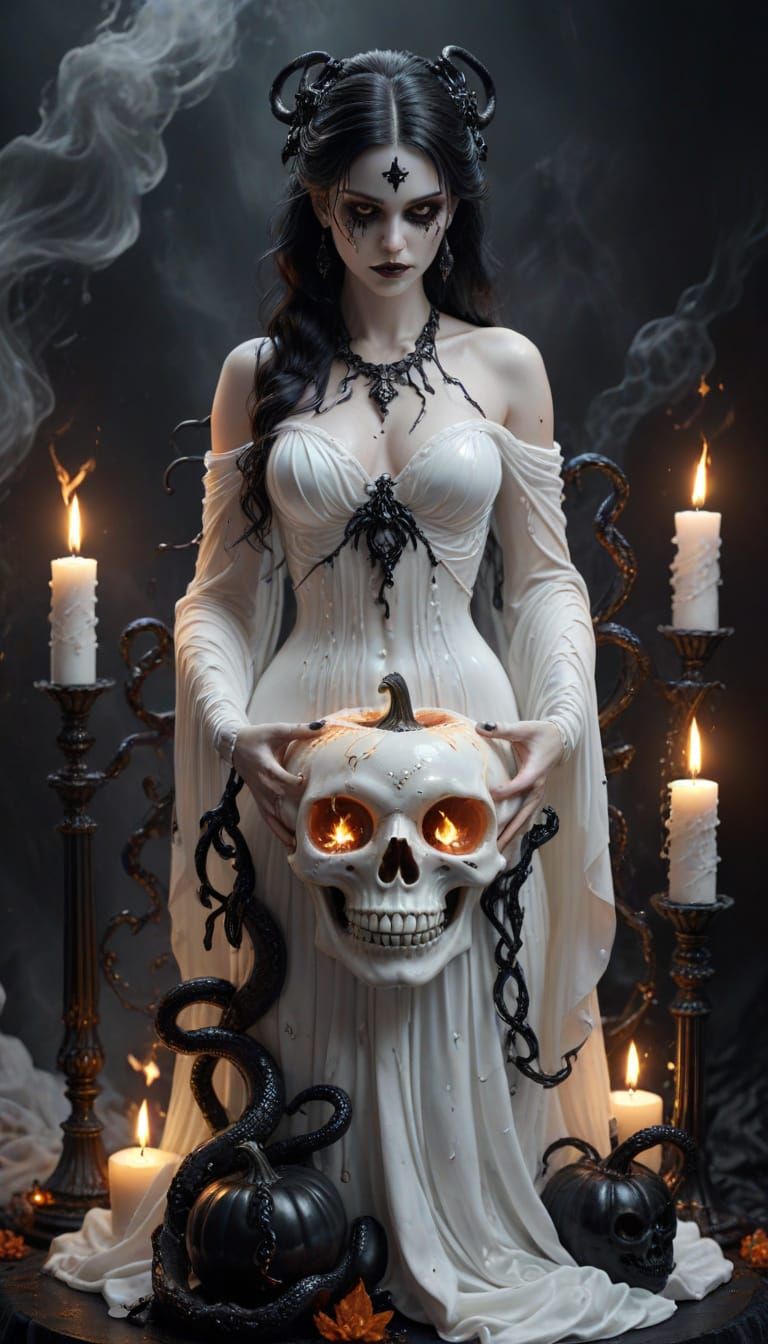 Glass Goddess Playing with Flames and Halloween Pumpkin