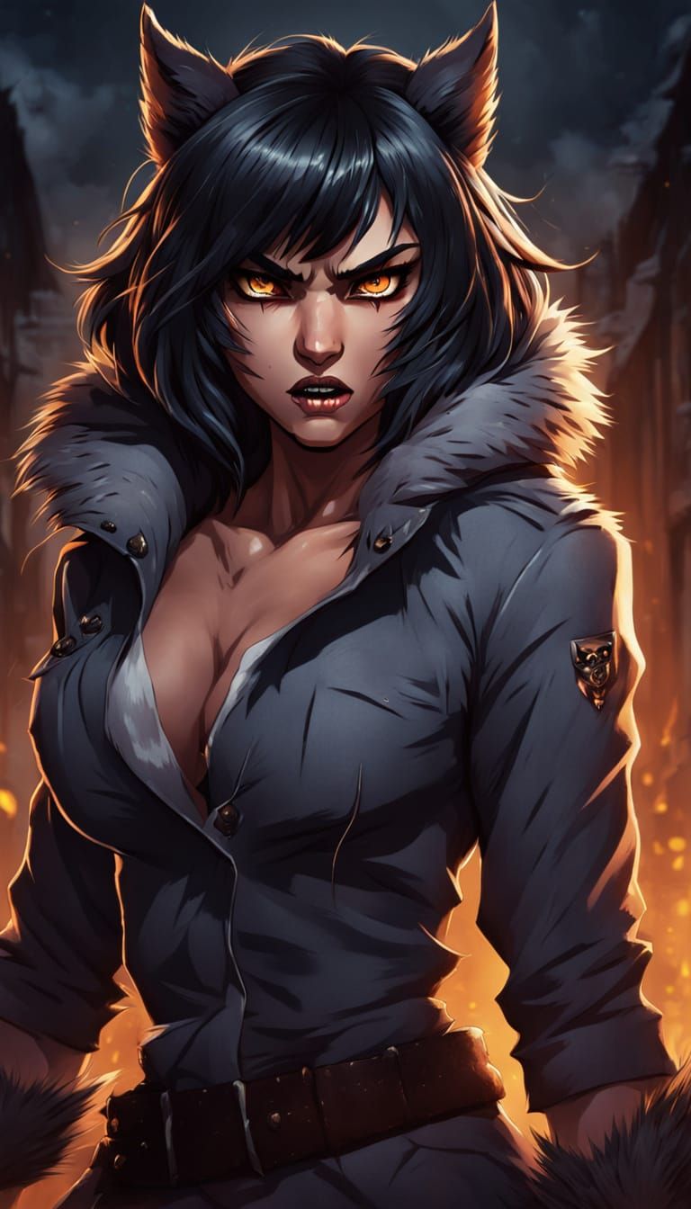 Fierce Anime Werewolf Goddess Unleashes Power Under the Full...