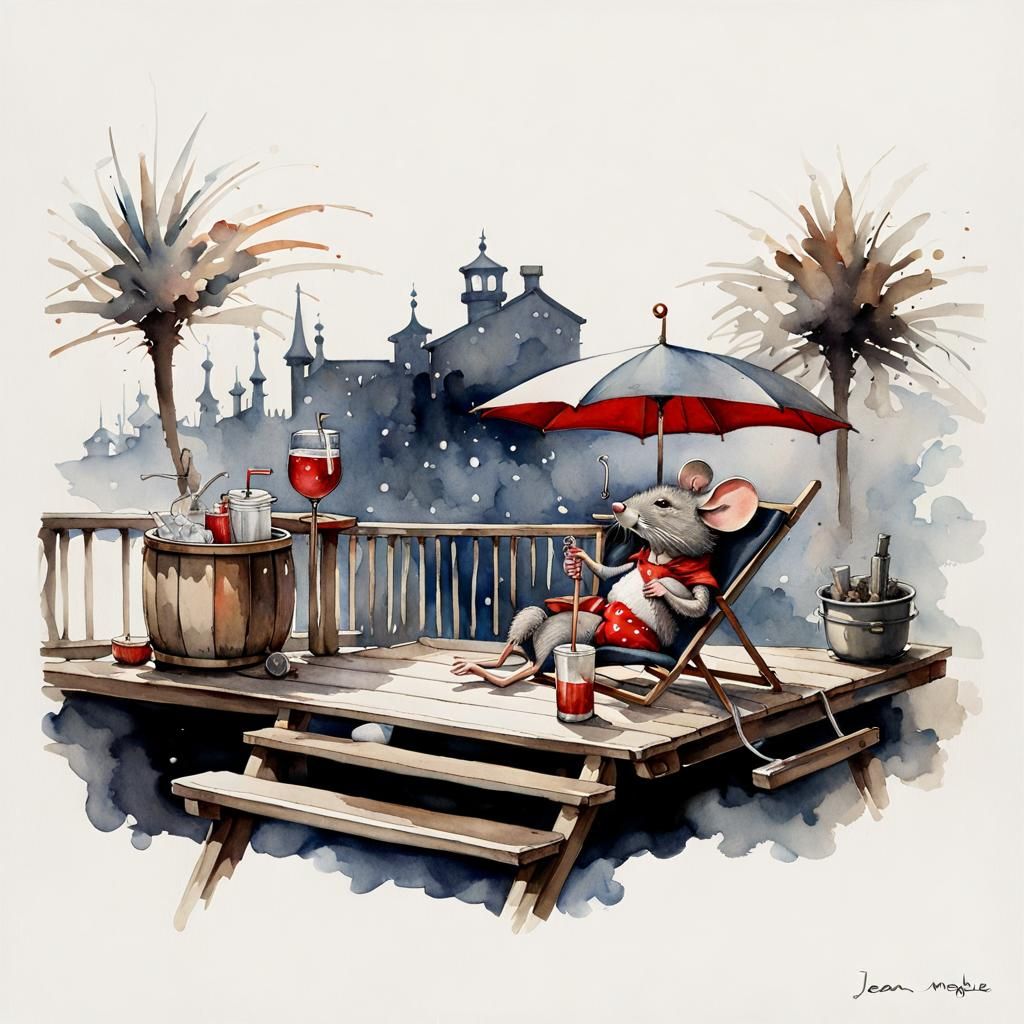 Mouse Lounging: Faded Watercolor Deck Scene