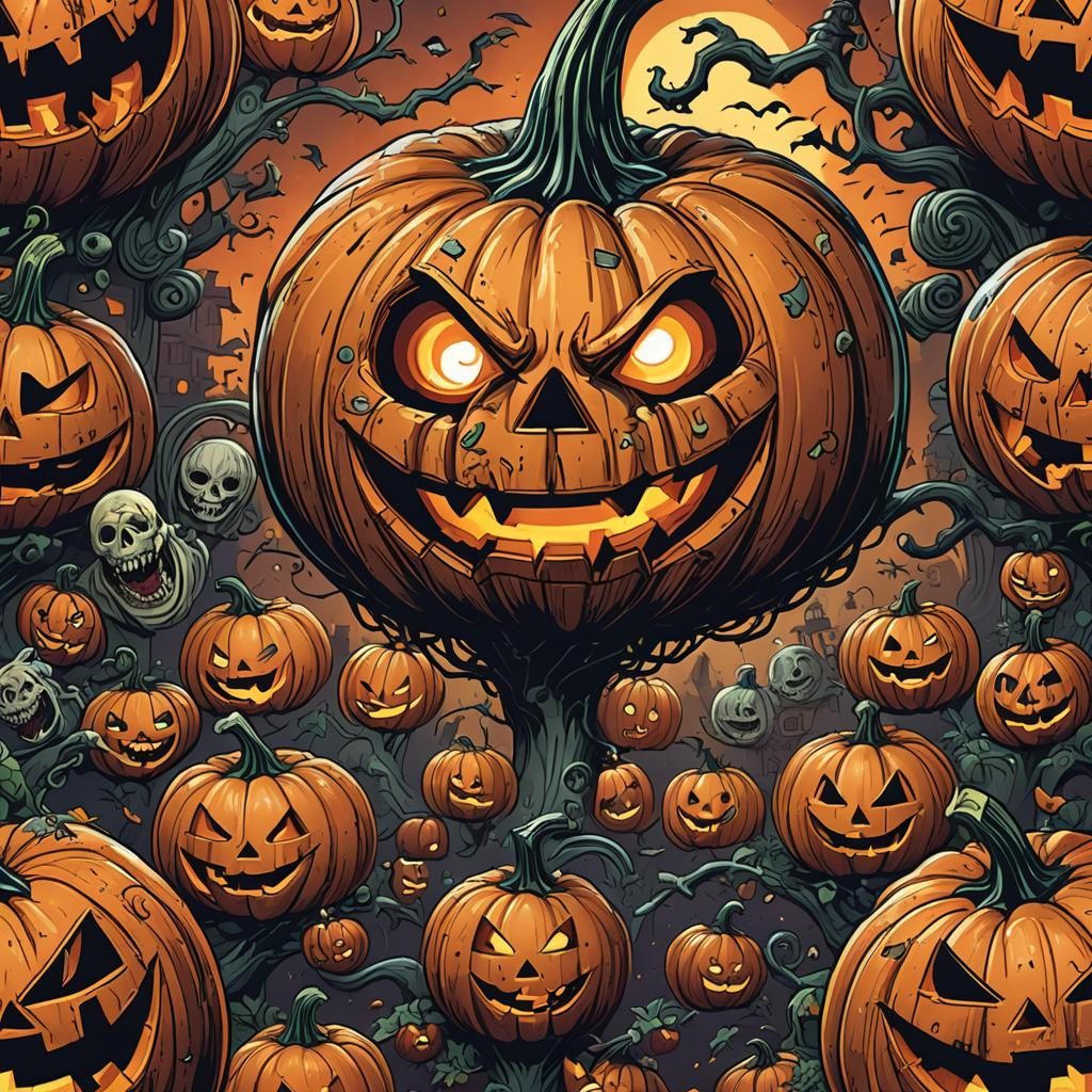 Giant Halloween Pumpkin Character in Comic Book Style