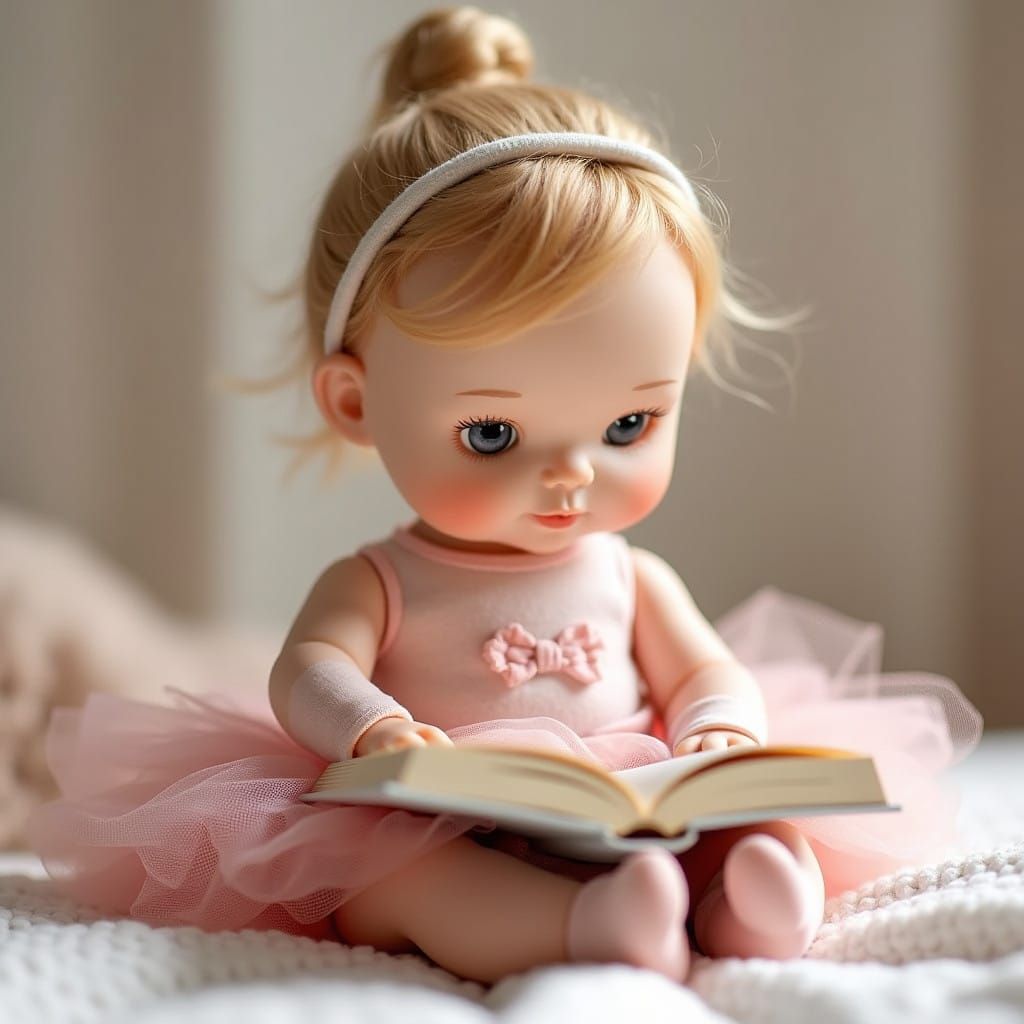 A Ballerina Doll Enjoys Reading a Picture Book