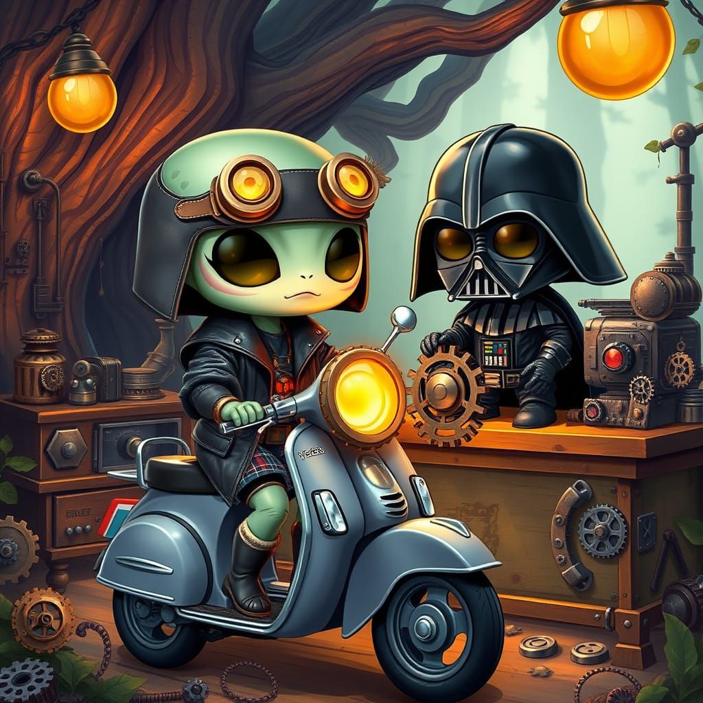 Steampunk Alien Chibi Bobblehead Rides Vespa in Whimsical Fo...
