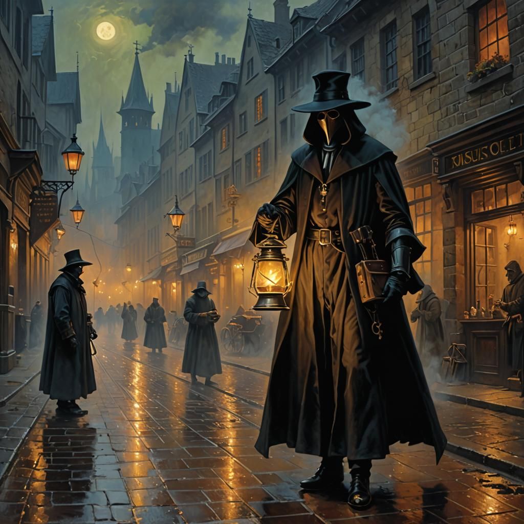 Medieval Plague Doctor in Dark Alchemic Scene