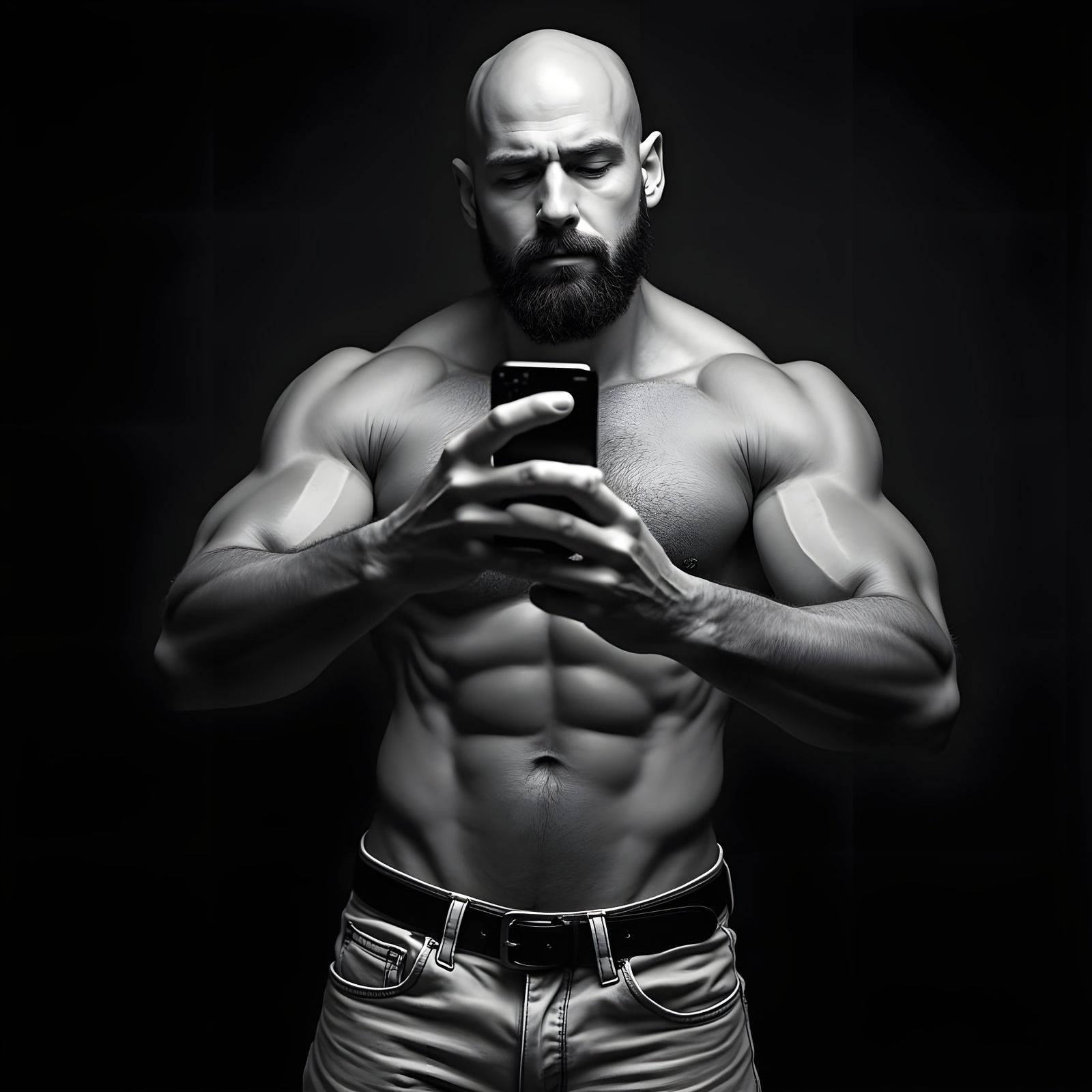 Muscular Man Takes a Selfie in Black and White