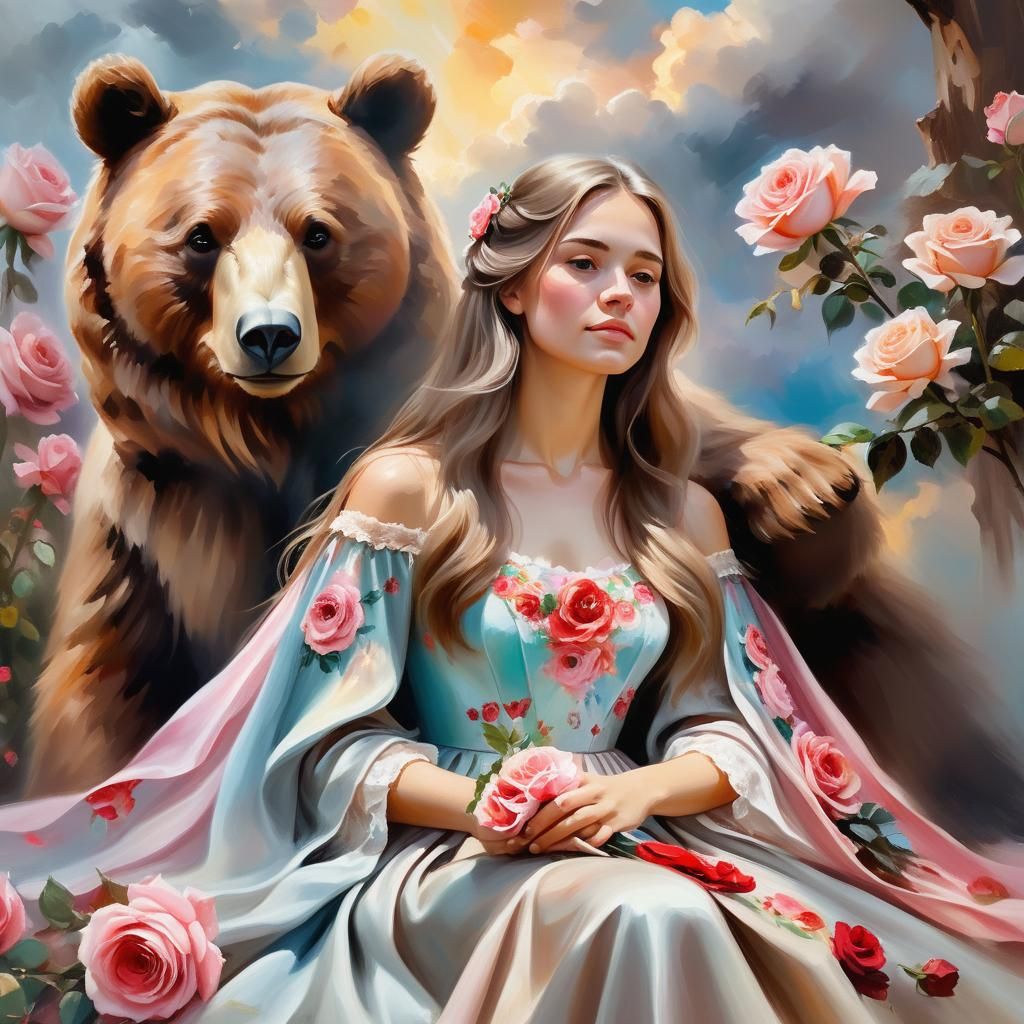 Woman and Bear Making Roses: Dreamy Oil Painting