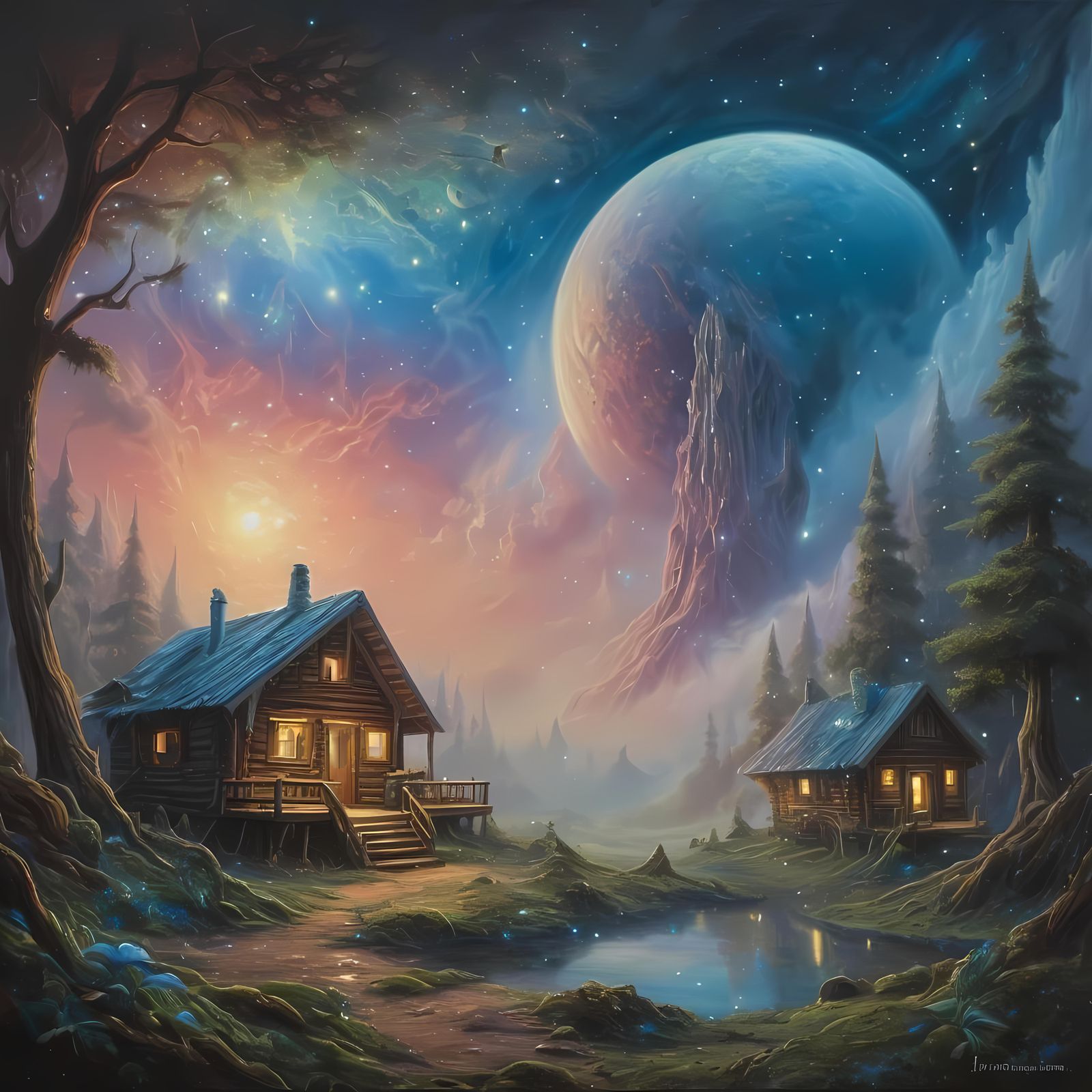 Alien Cabin in Forest: Gurney-Style Oil Painting