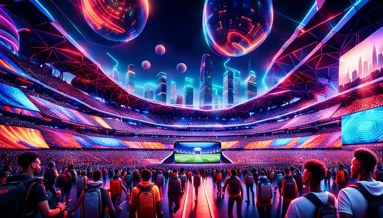 Futuristic Stadium in Neon Cityscape: Digital Art