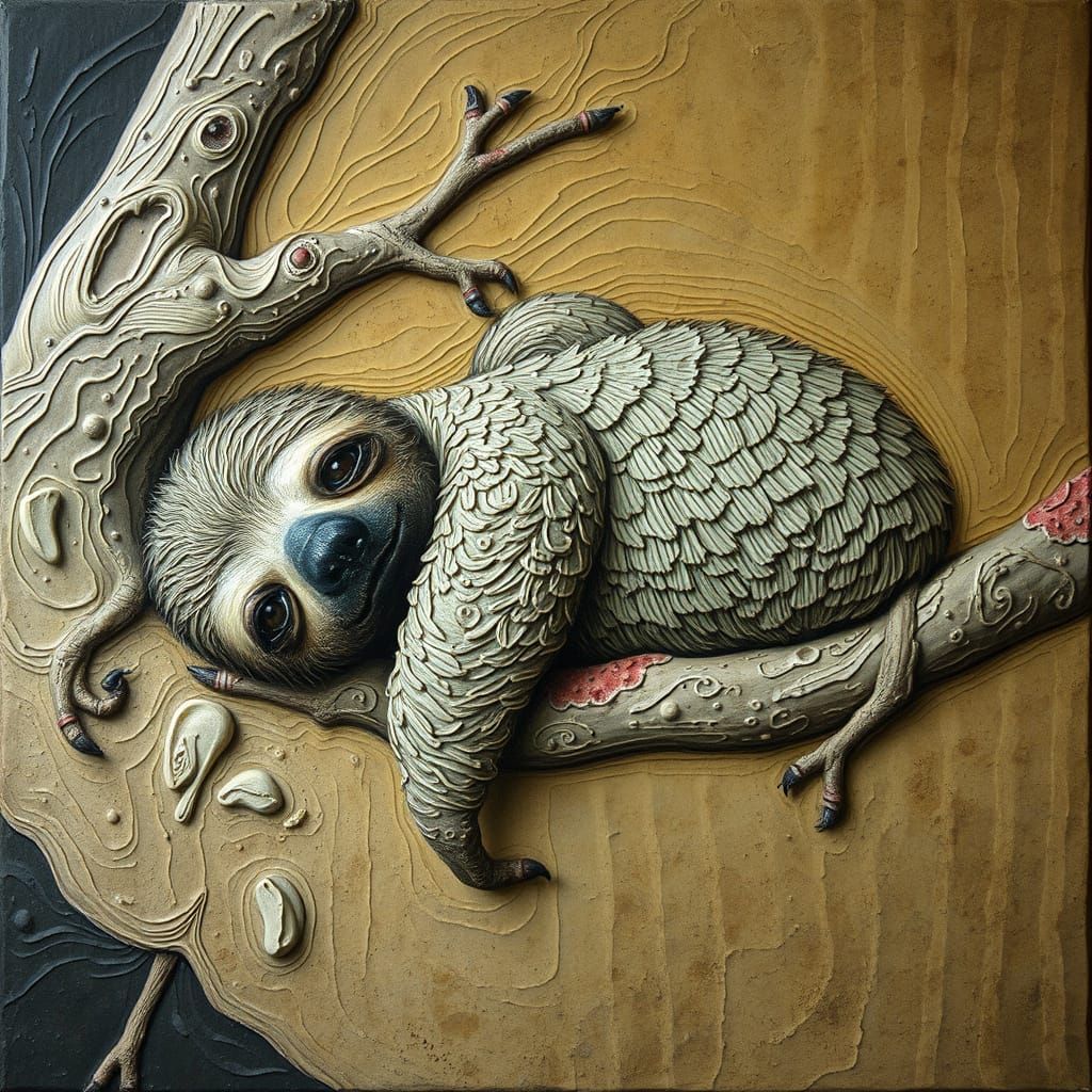 Encaustic Wax Painting of a Lazy Sloth in a Burton-Inspired ...