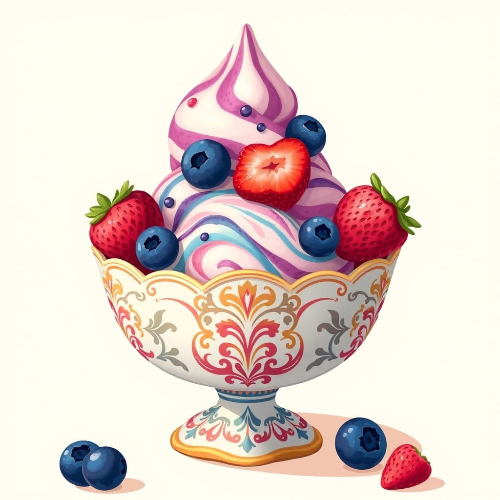 Whimsical Strawberry Ice Cream in an Ornate Bowl, Digital Ar...