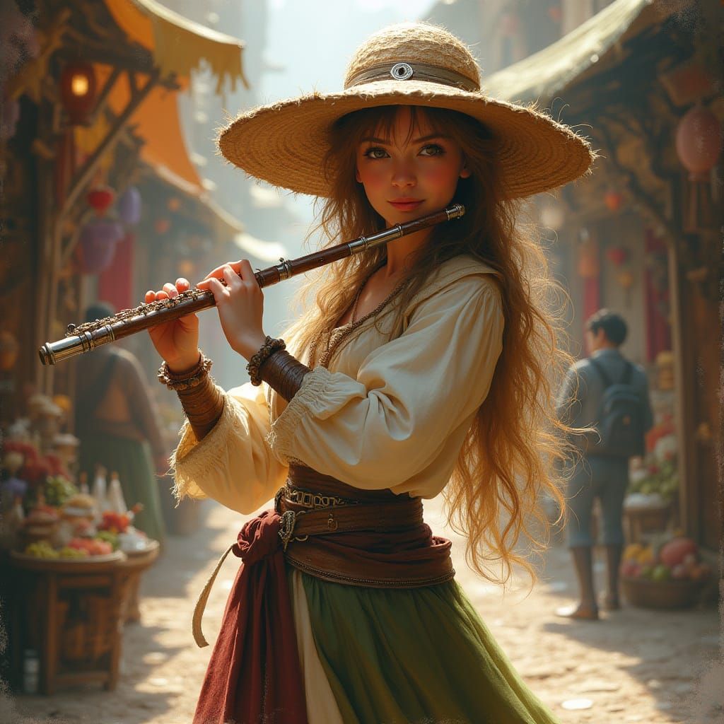 Hobbit Bard in a Vibrant Market, Alan Lee Style
