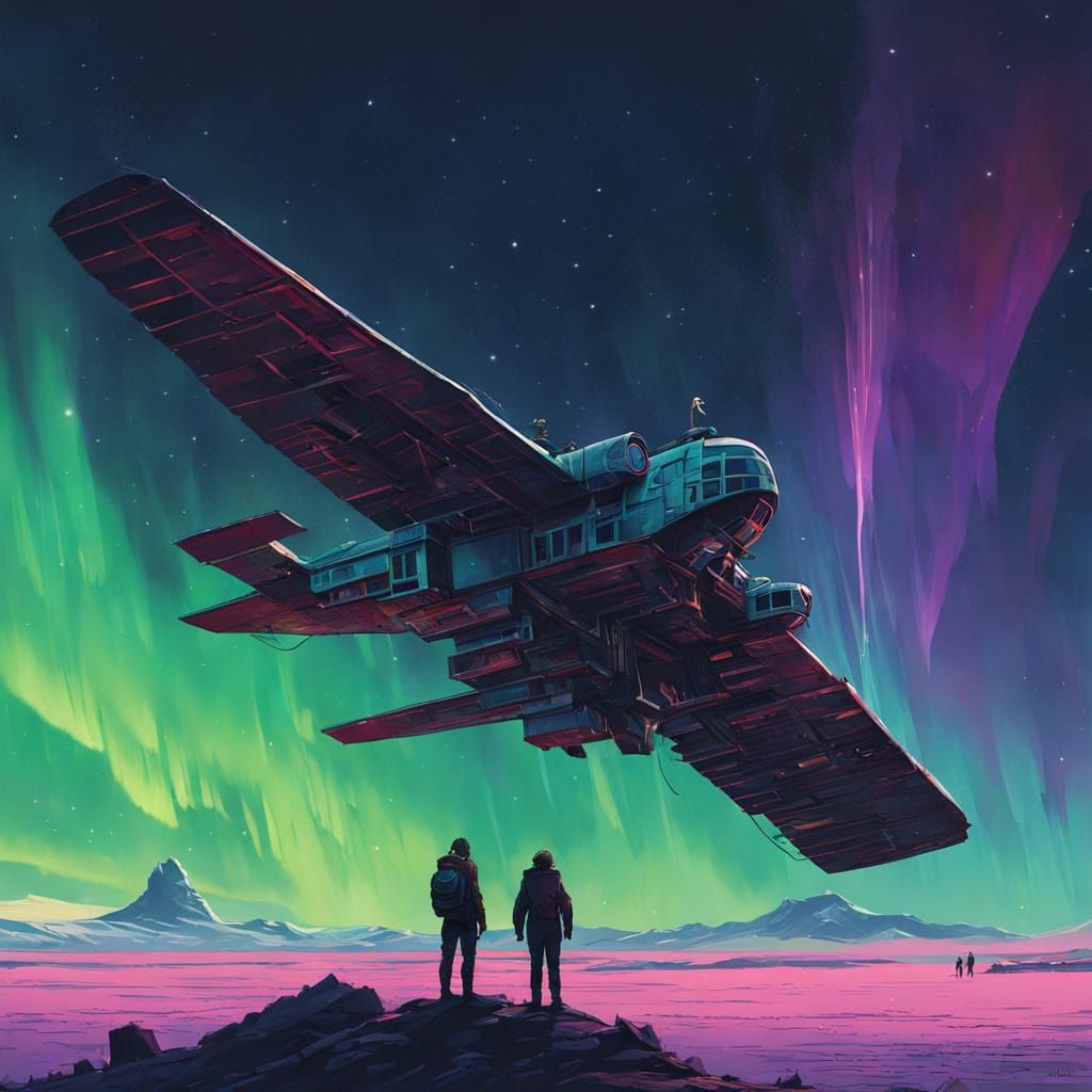 Winged Lovers Soar Through Ethereal Aurora Borealis