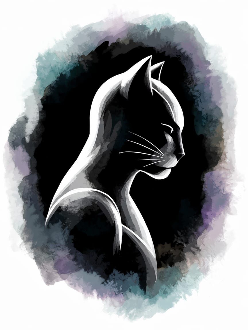 Mysterious Catman Silhouette in Enchanting Watercolor
