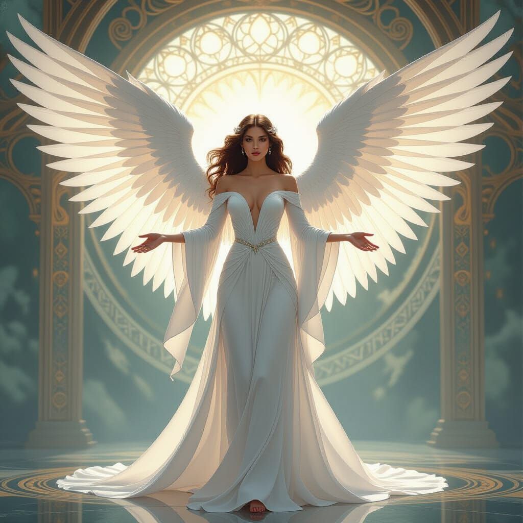 Angelic Woman with Ethereal Wings in Art Nouveau Style