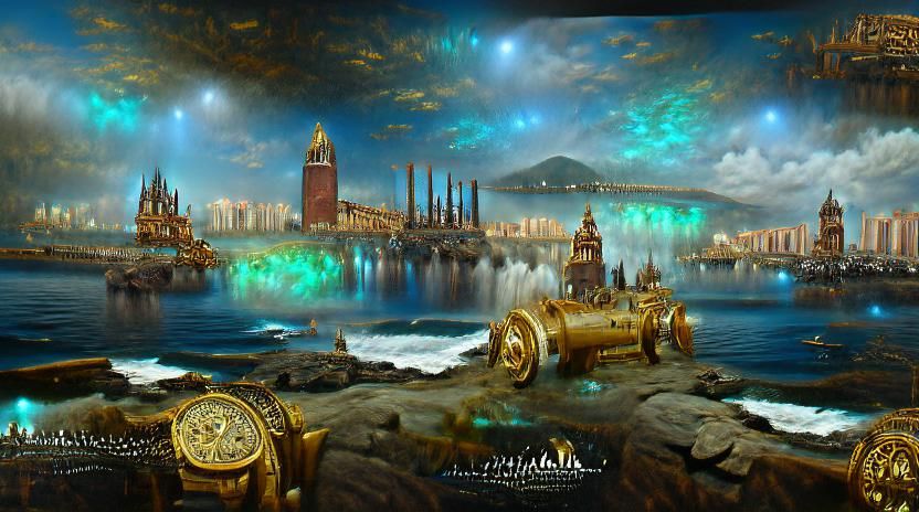 City of Atlantis: Steampunk Oil Painting