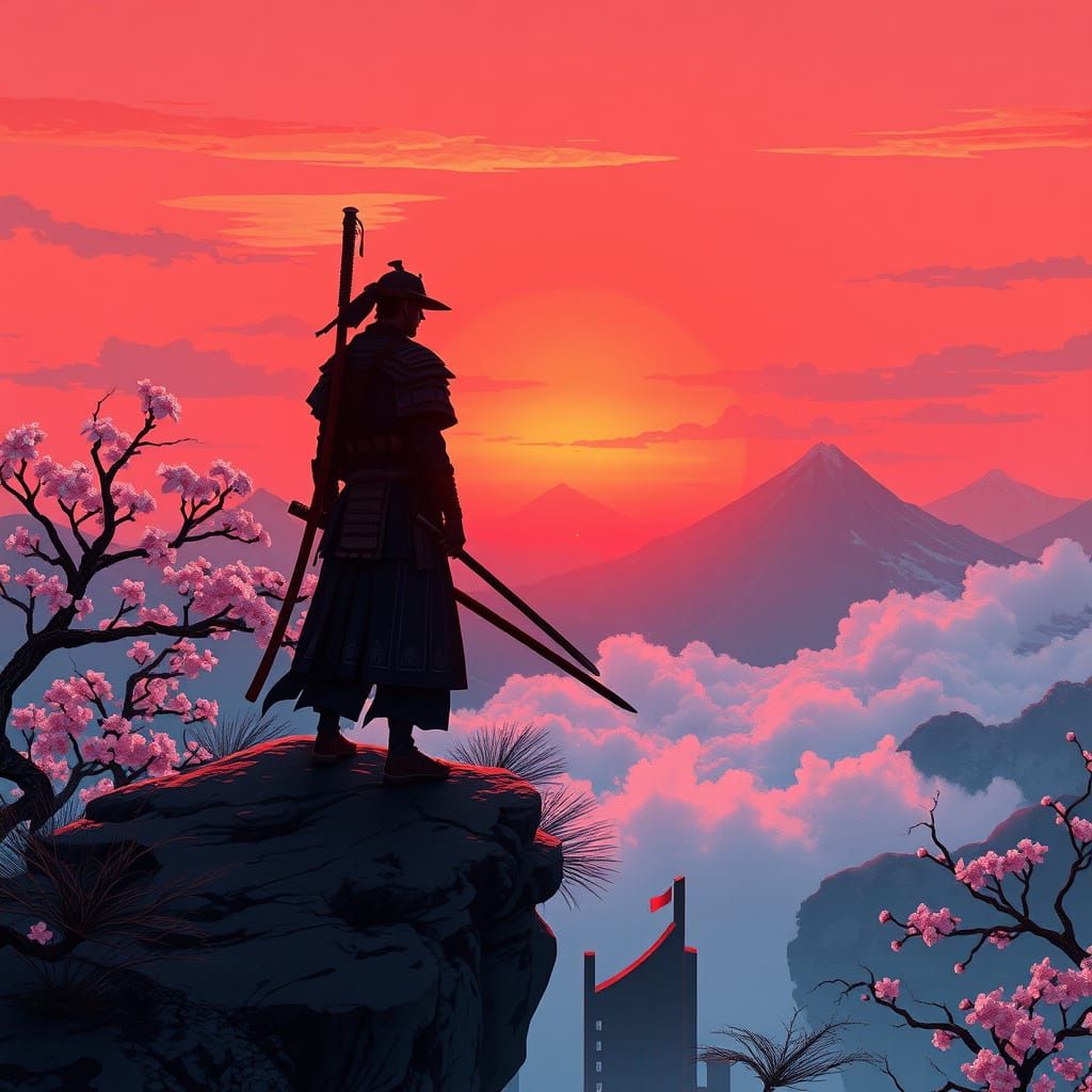 Samurai Warrior at Fiery Sunset Overlooking Japanese Landsca...