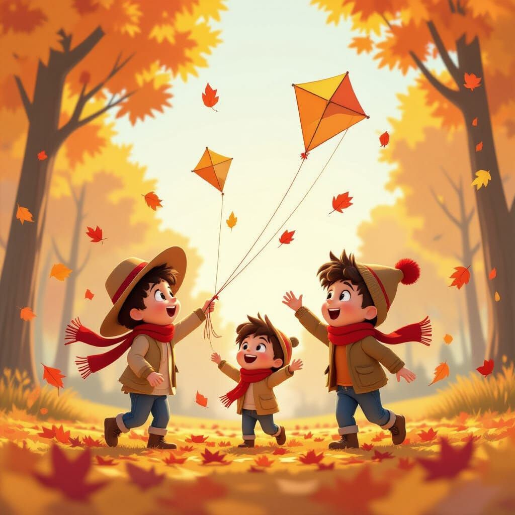 Children Flying Kites on Windy Day in Pixar Style